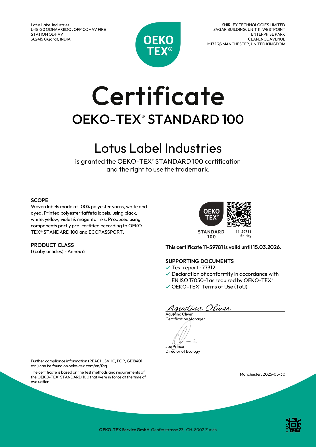 OEKO-TEX Standard 100 Certificate