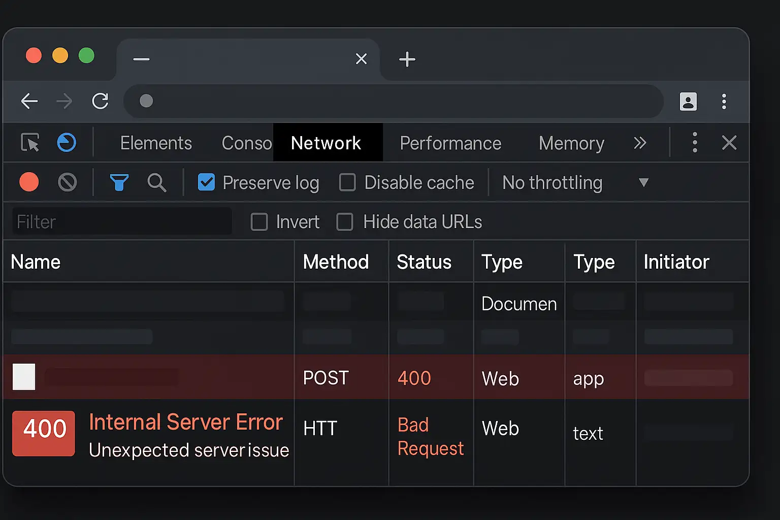 Browser developer console showing a 400 Bad Request in the network response panel