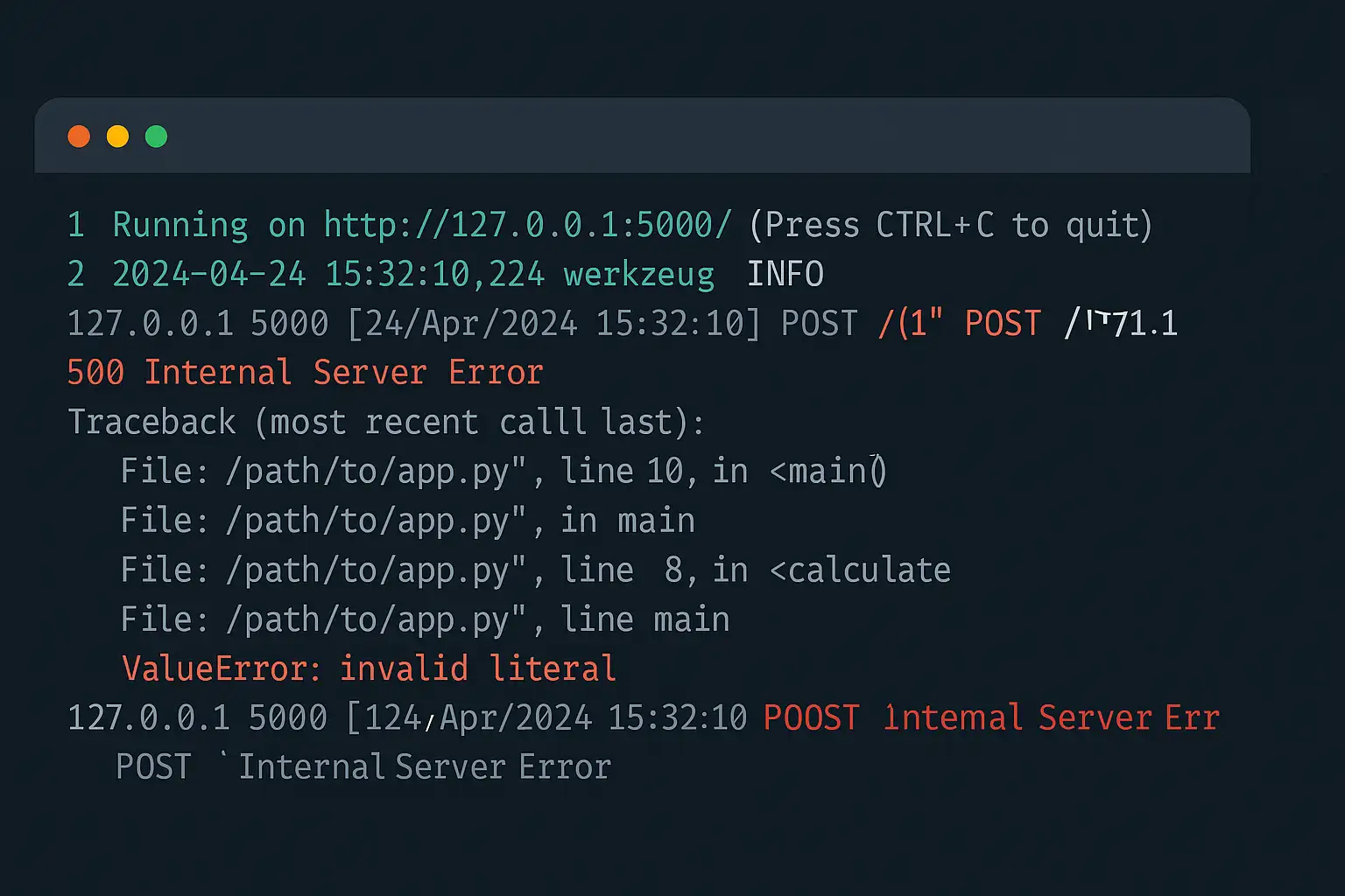 Example of server log showing 500 Internal Server Error caused by a code bug in the backend application