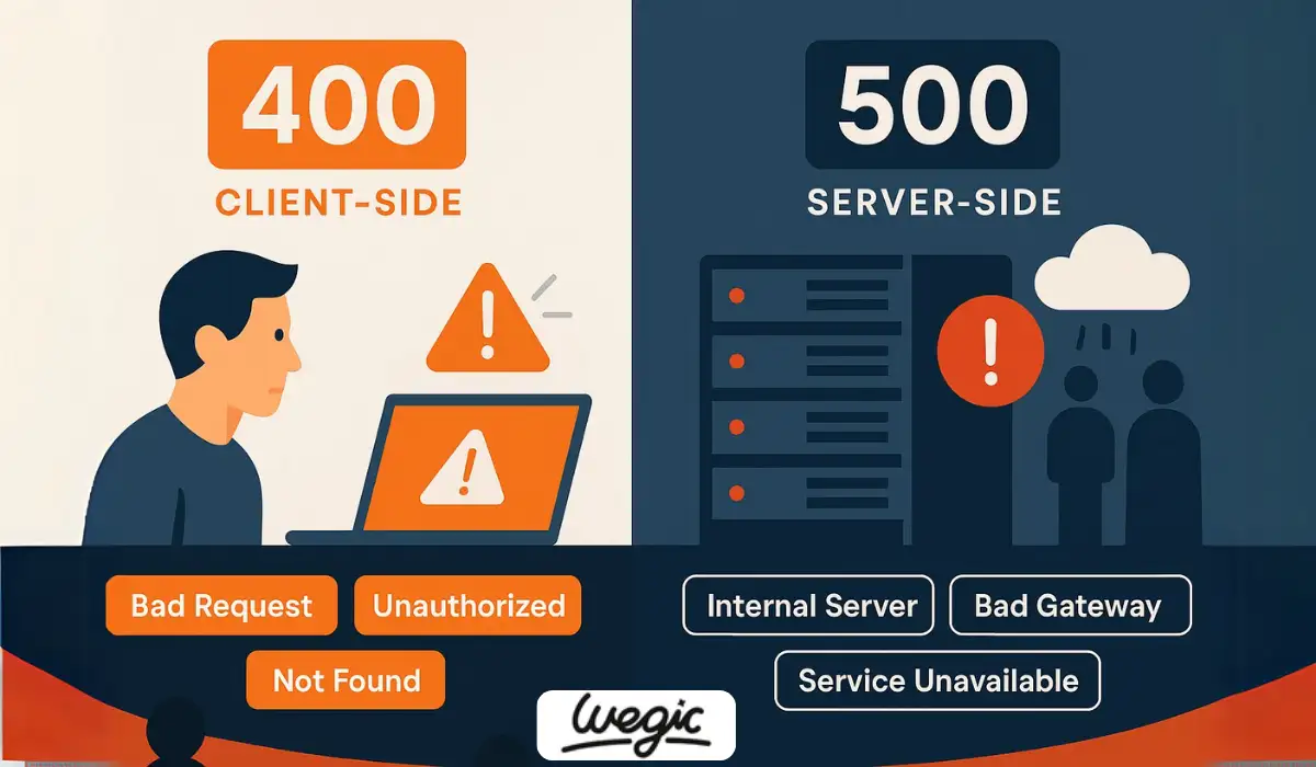 Illustration of an HTTP request and response flow showing where 400 and 500 errors occur in the communication.