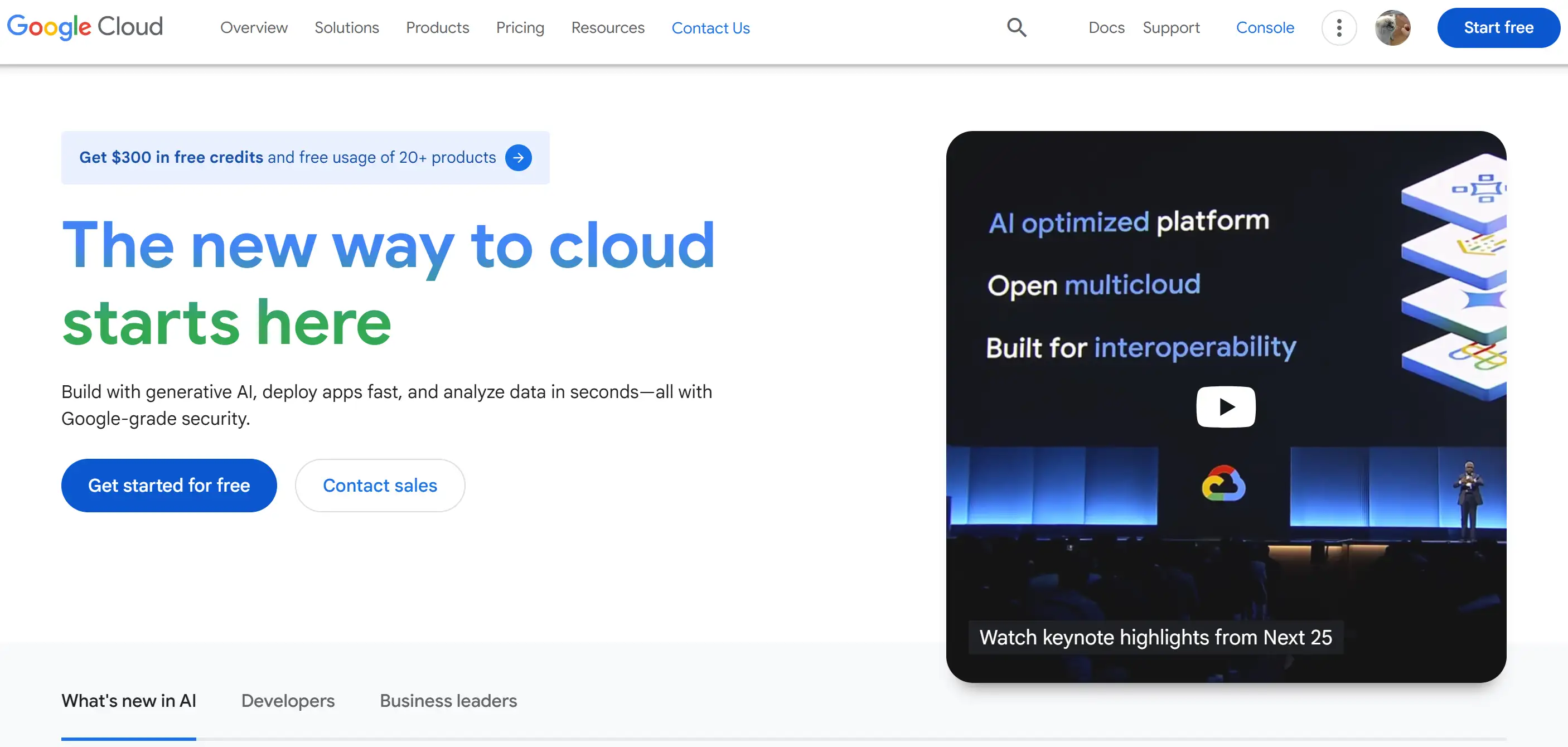 Homepage of Google Cloud