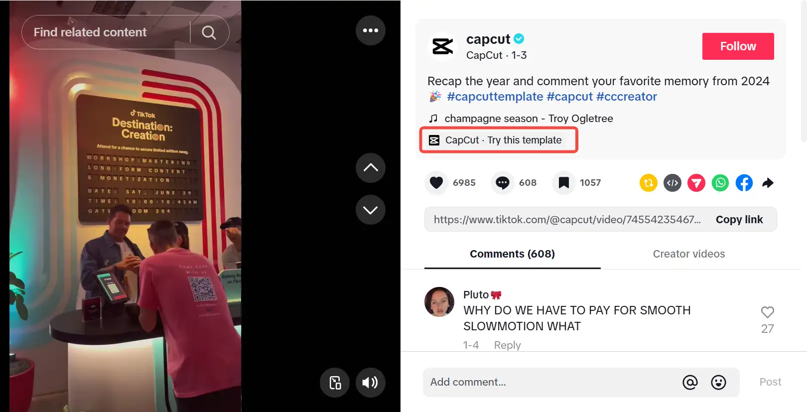 TikTok video showing a CapCut template link.