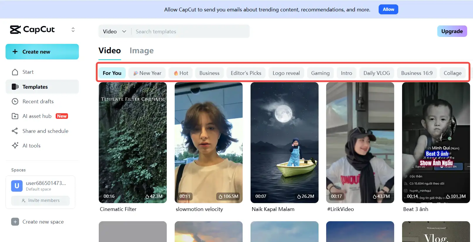 CapCut video editor with template categories highlighted. CapCut video editor with template categories highlighted.