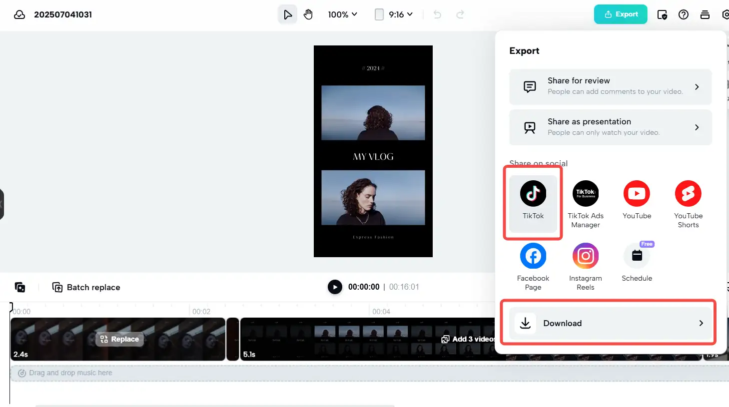 CapCut export options show TikTok and download.