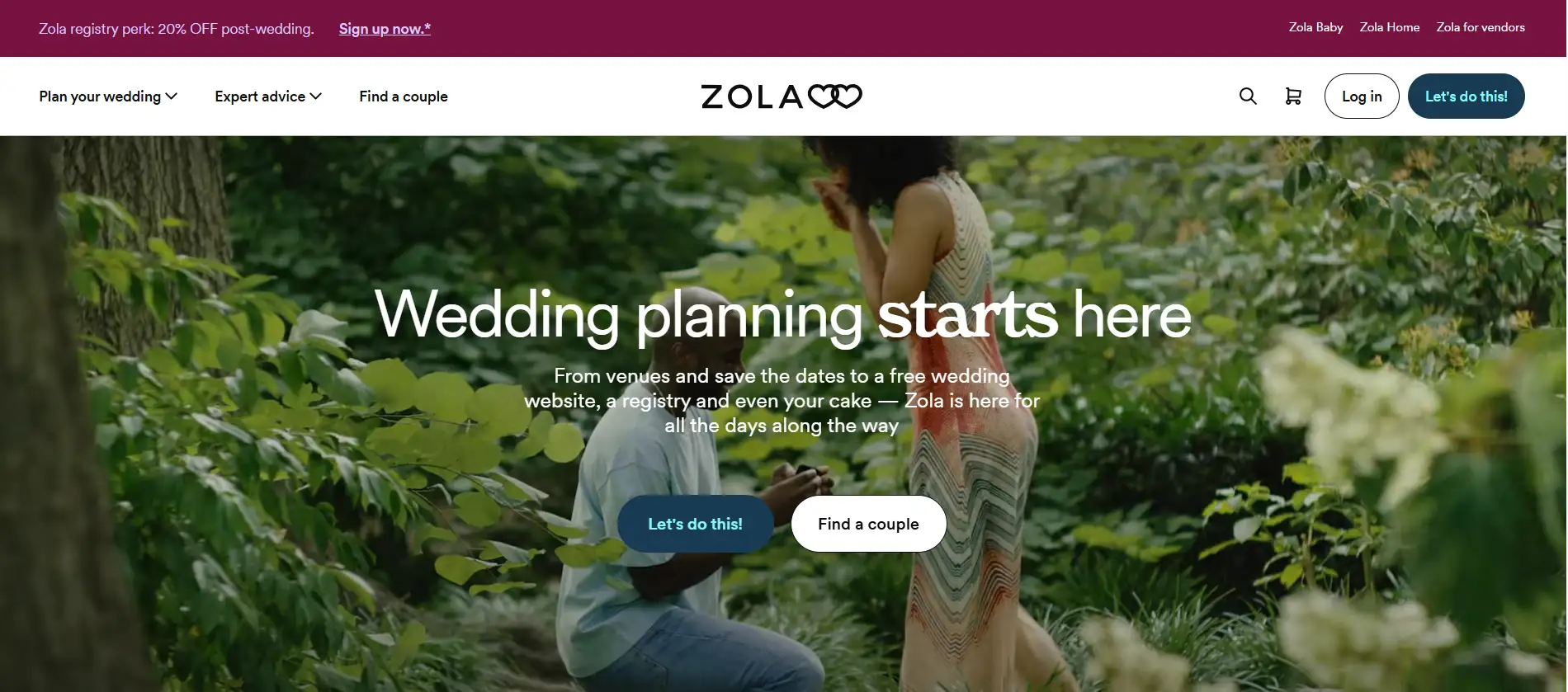 Zola wedding website homepage