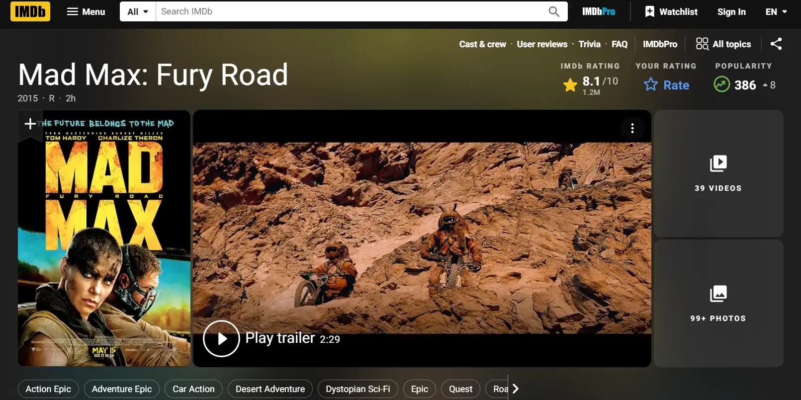 mad max:fury Road on imdb
