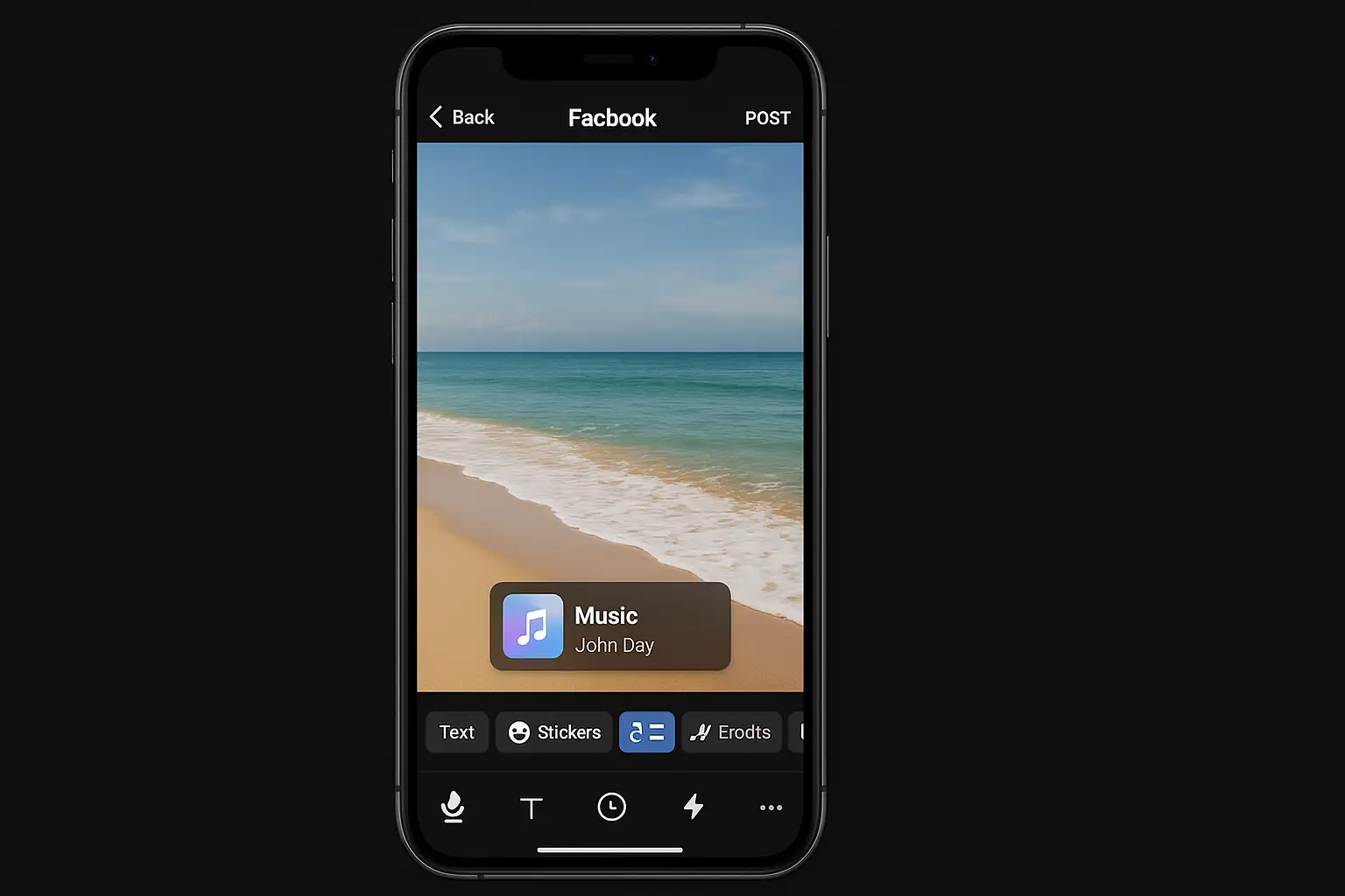 Facebook Story creation screen showing the music sticker being selected from editing options