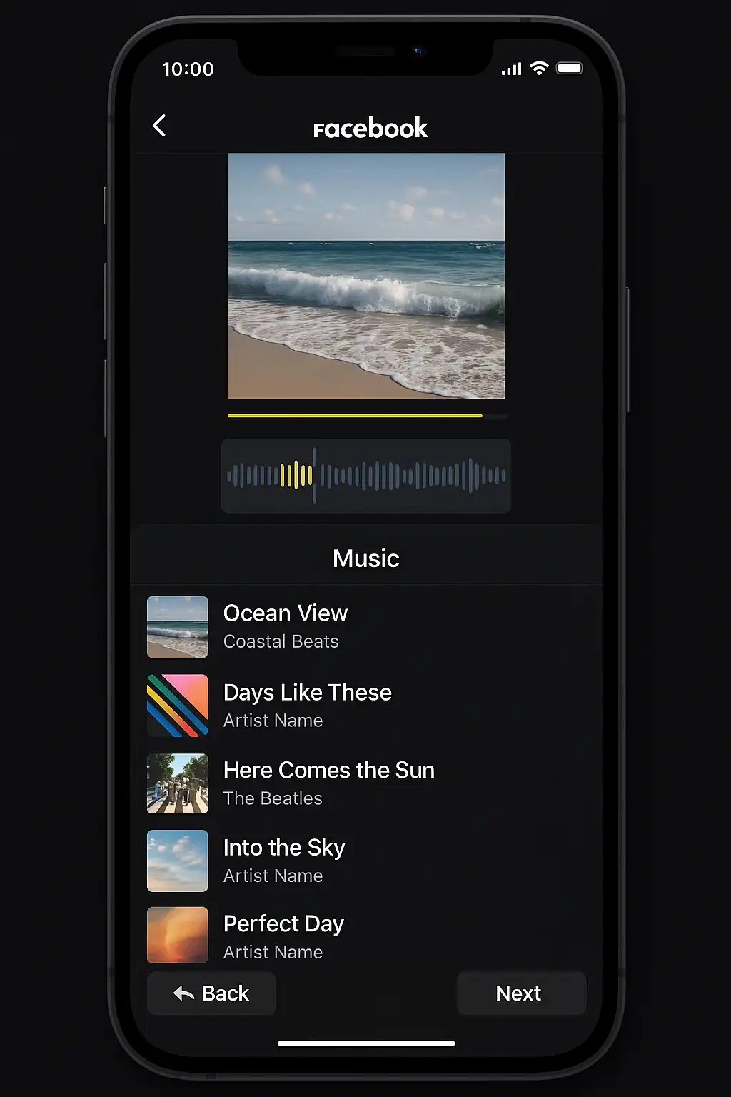Facebook Reels editor with music segment selected and audio waveform visible on screen