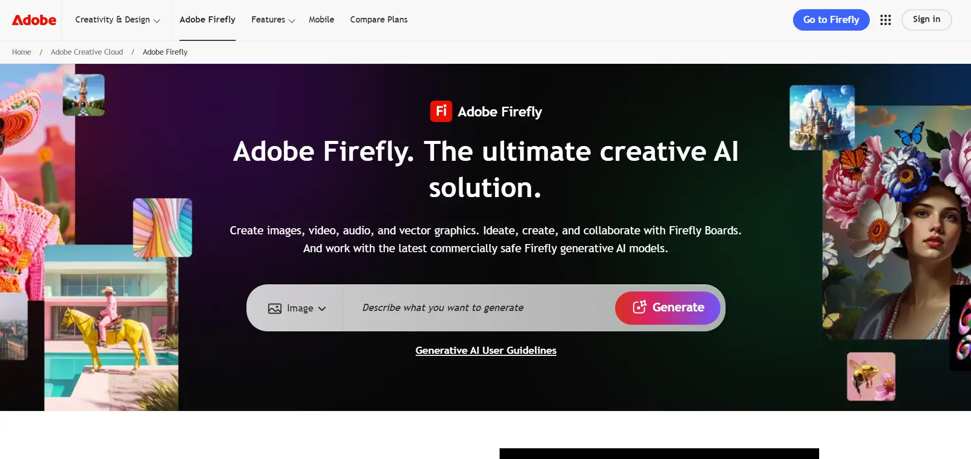 Homepage of Adobe Firefly