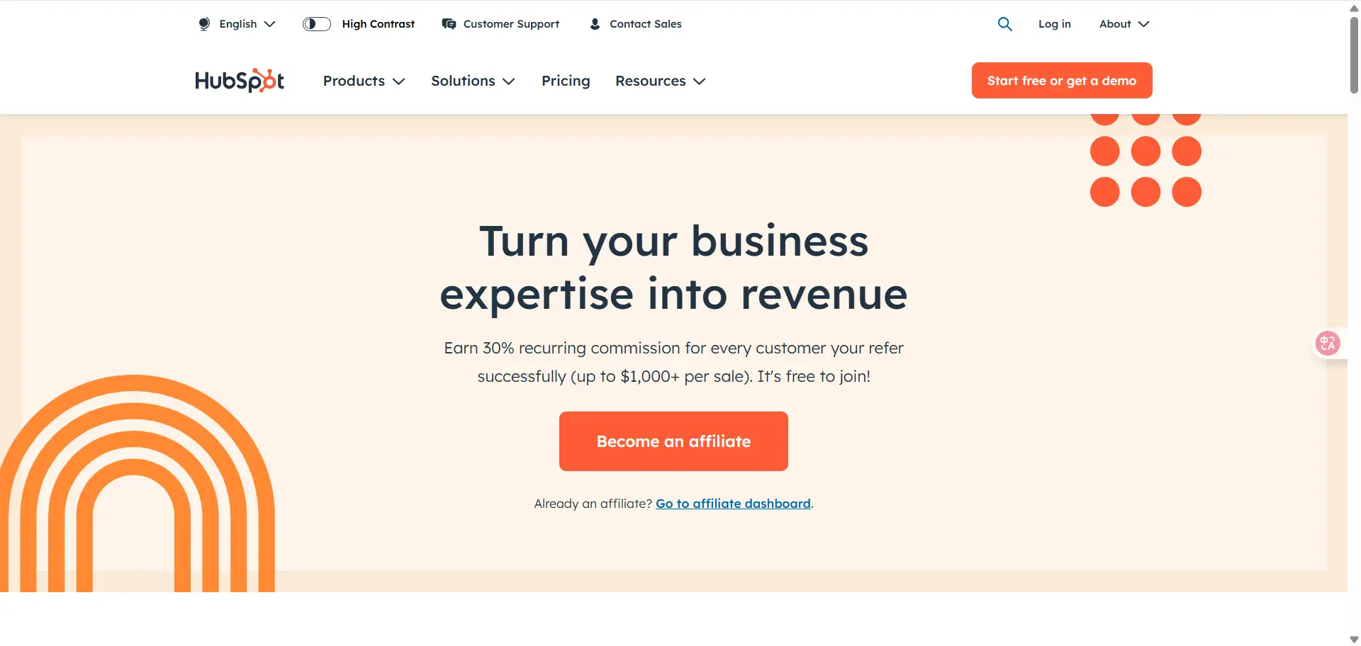 HubSpot Affiliate Program homepage