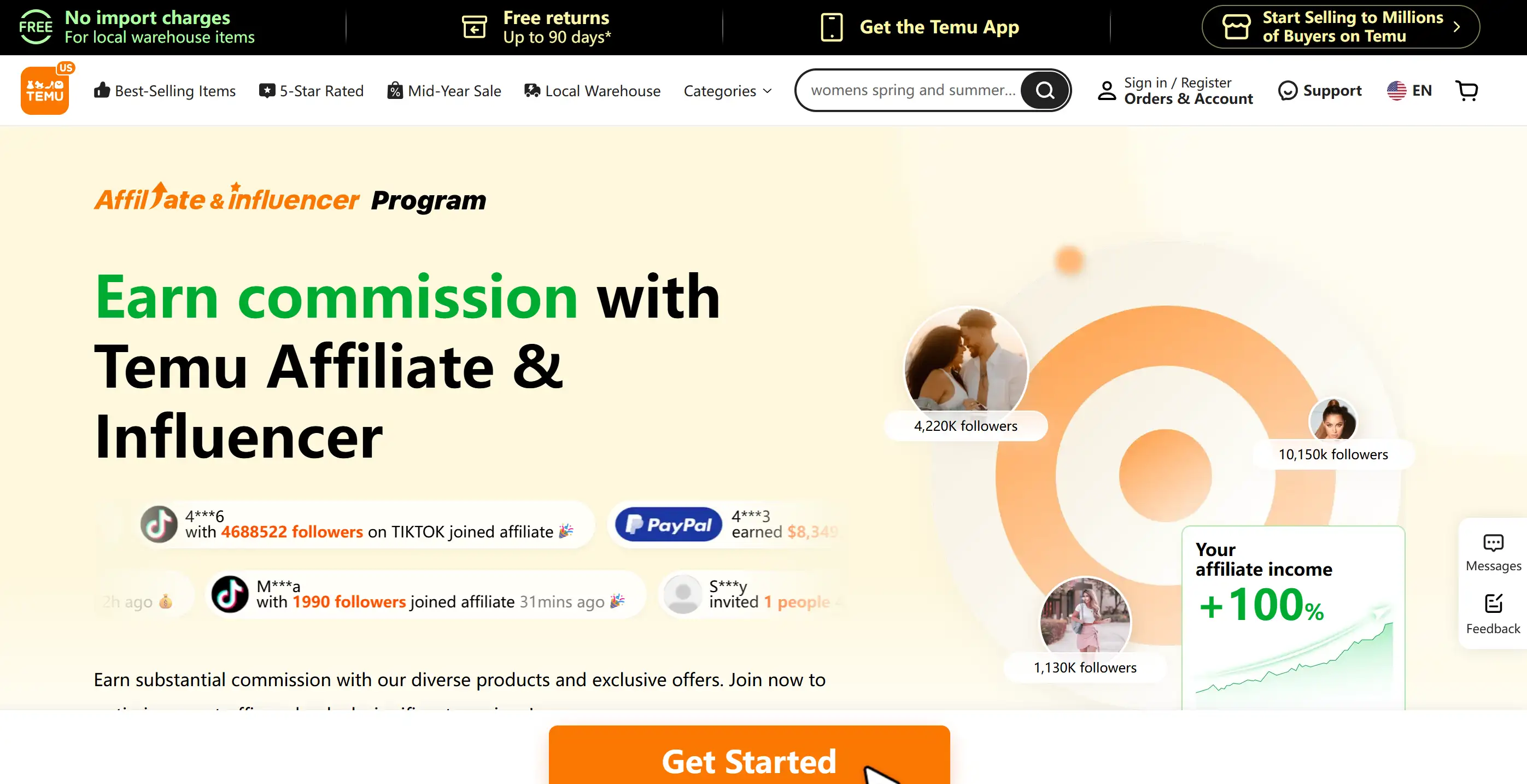 Homepage of Temu Affiliate Program