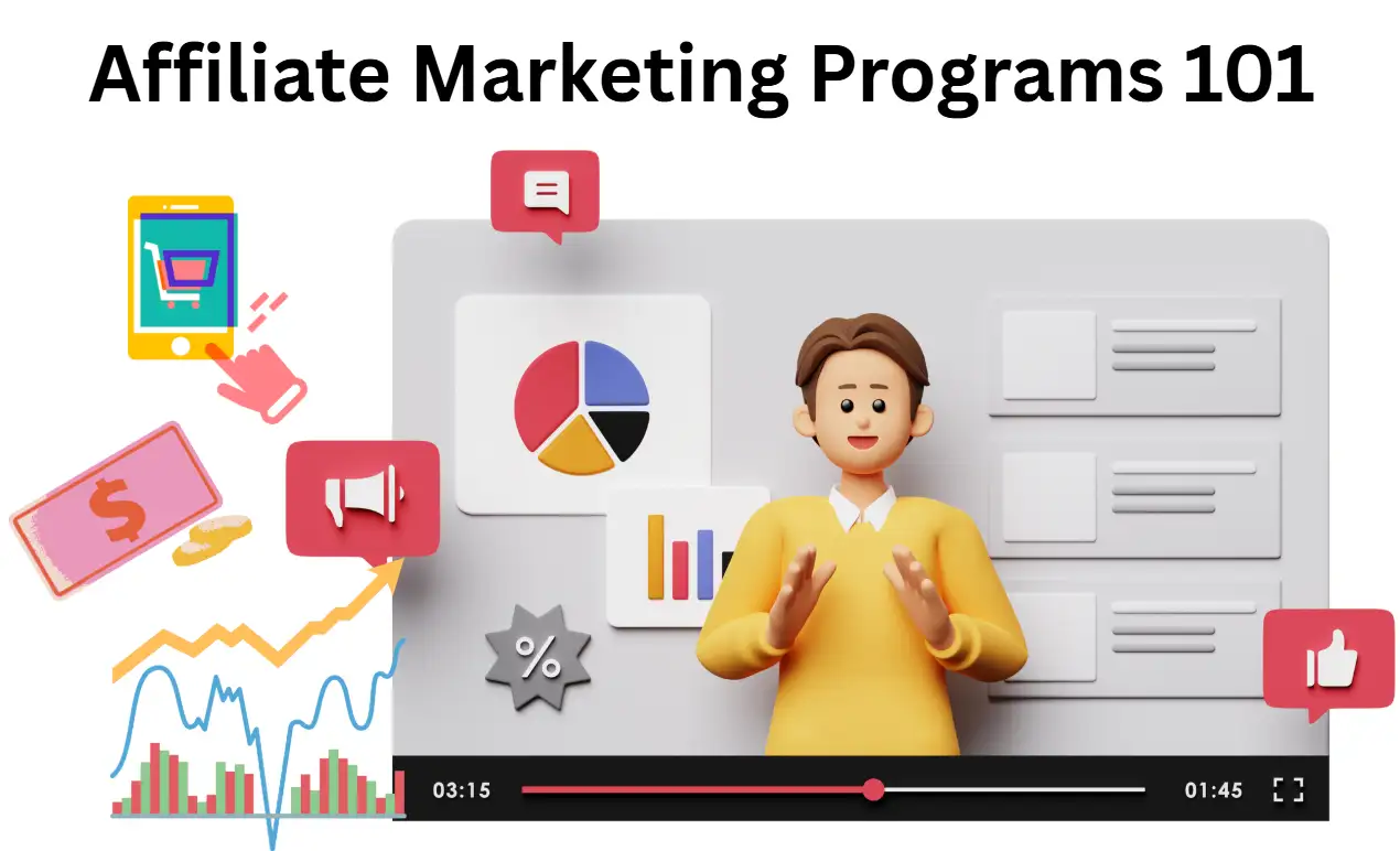 A man shown in a video talking about the affiliate marketing program and charts