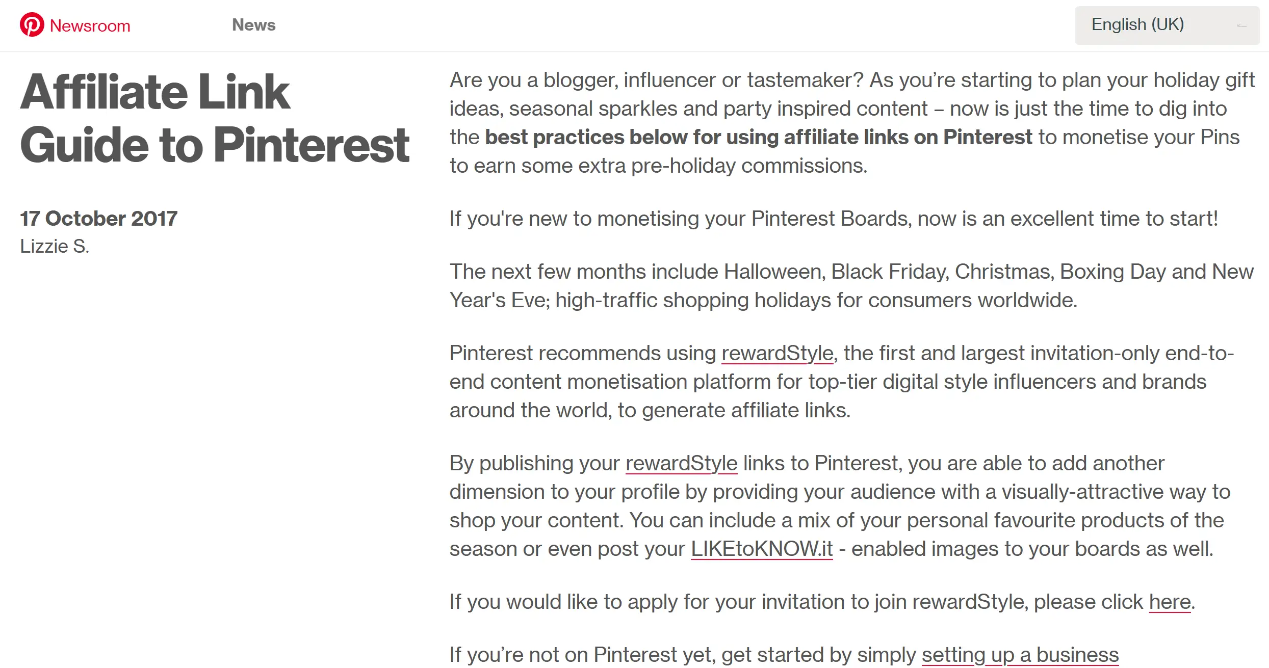 Guide to Pinterest page of Pinterest affiliate marketing program