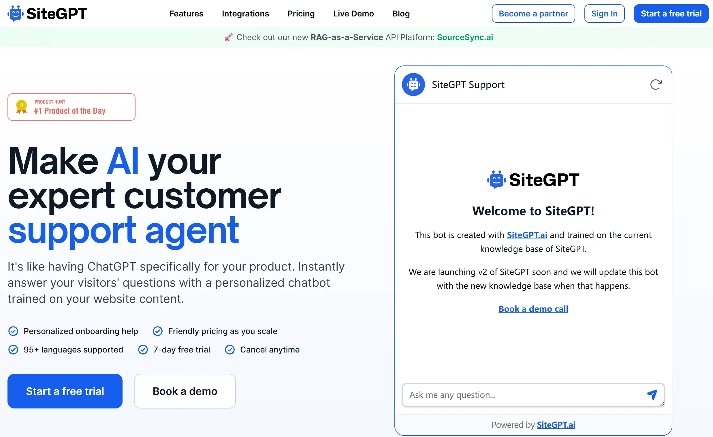 Homepage of SiteGPT