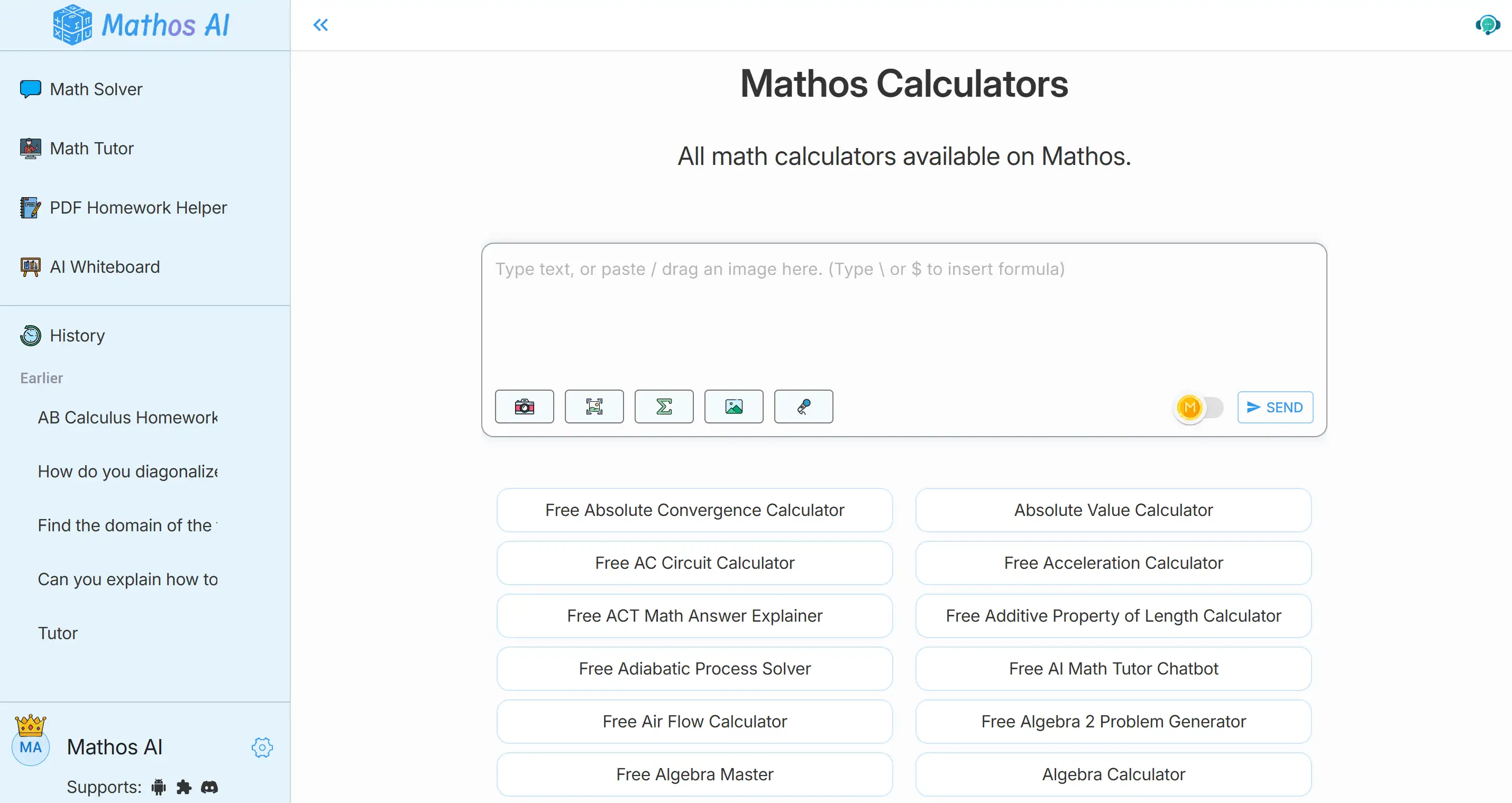 The interface of Mathos AI's math calculators