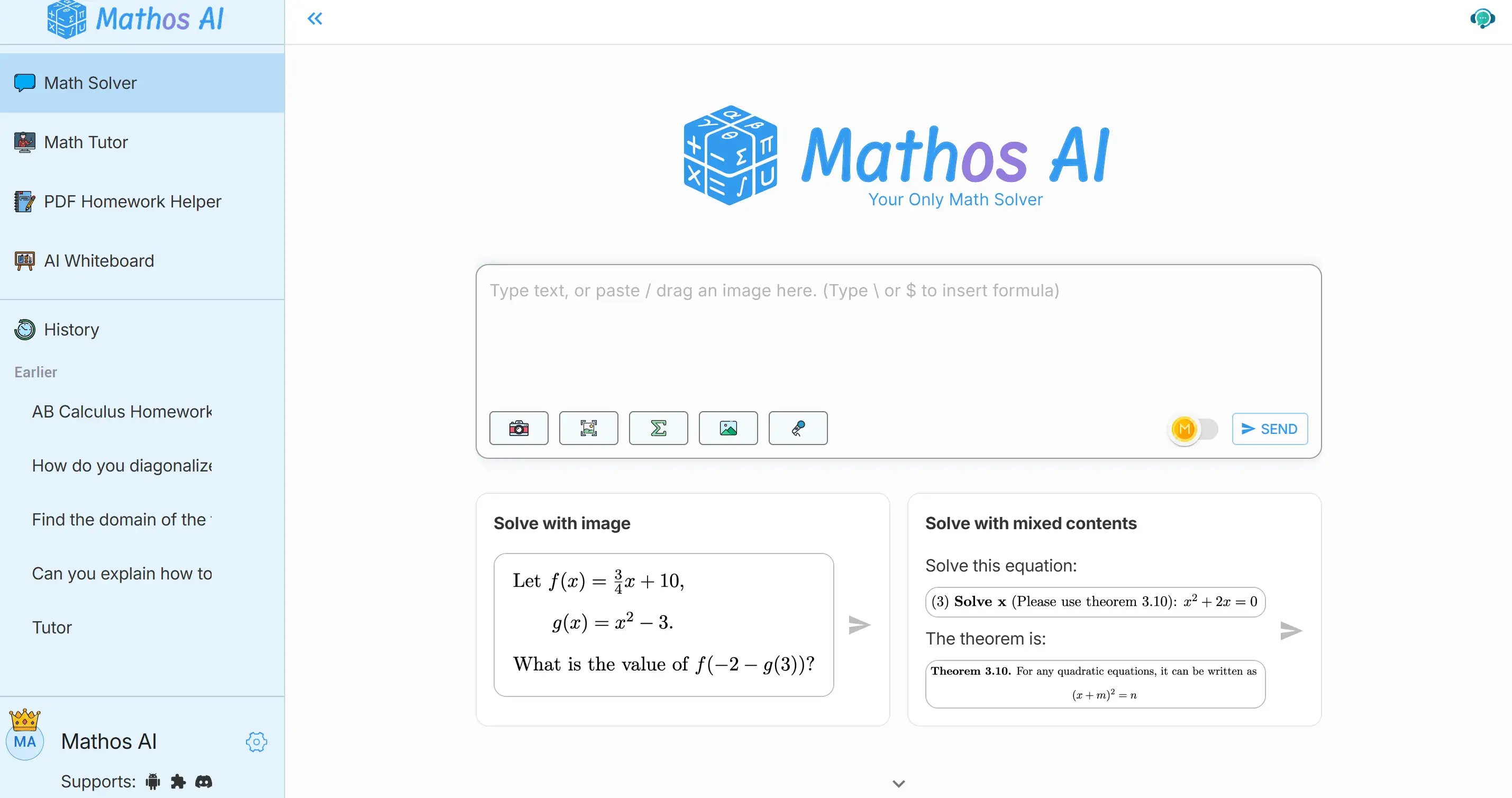 Homepage of Mathos AI