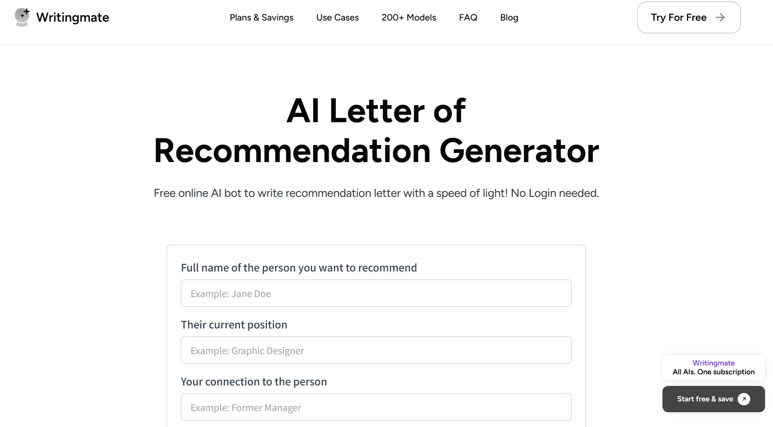 Landing page of WritingMate AI Letter Generator