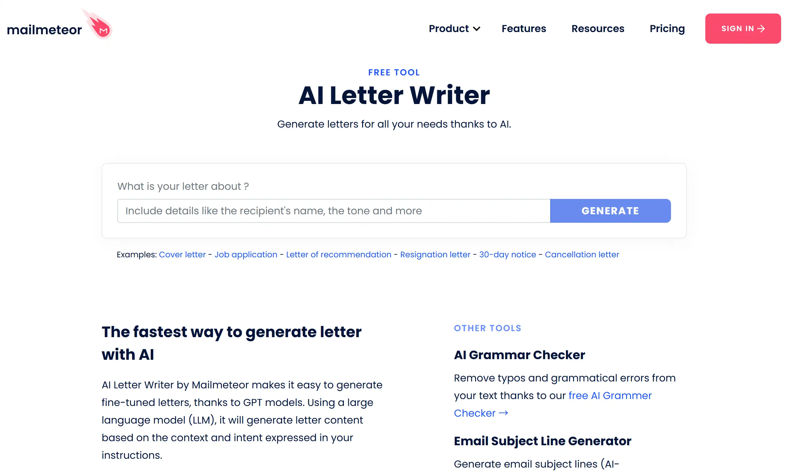 Landing page of Mailmeteor AI Letter Writer