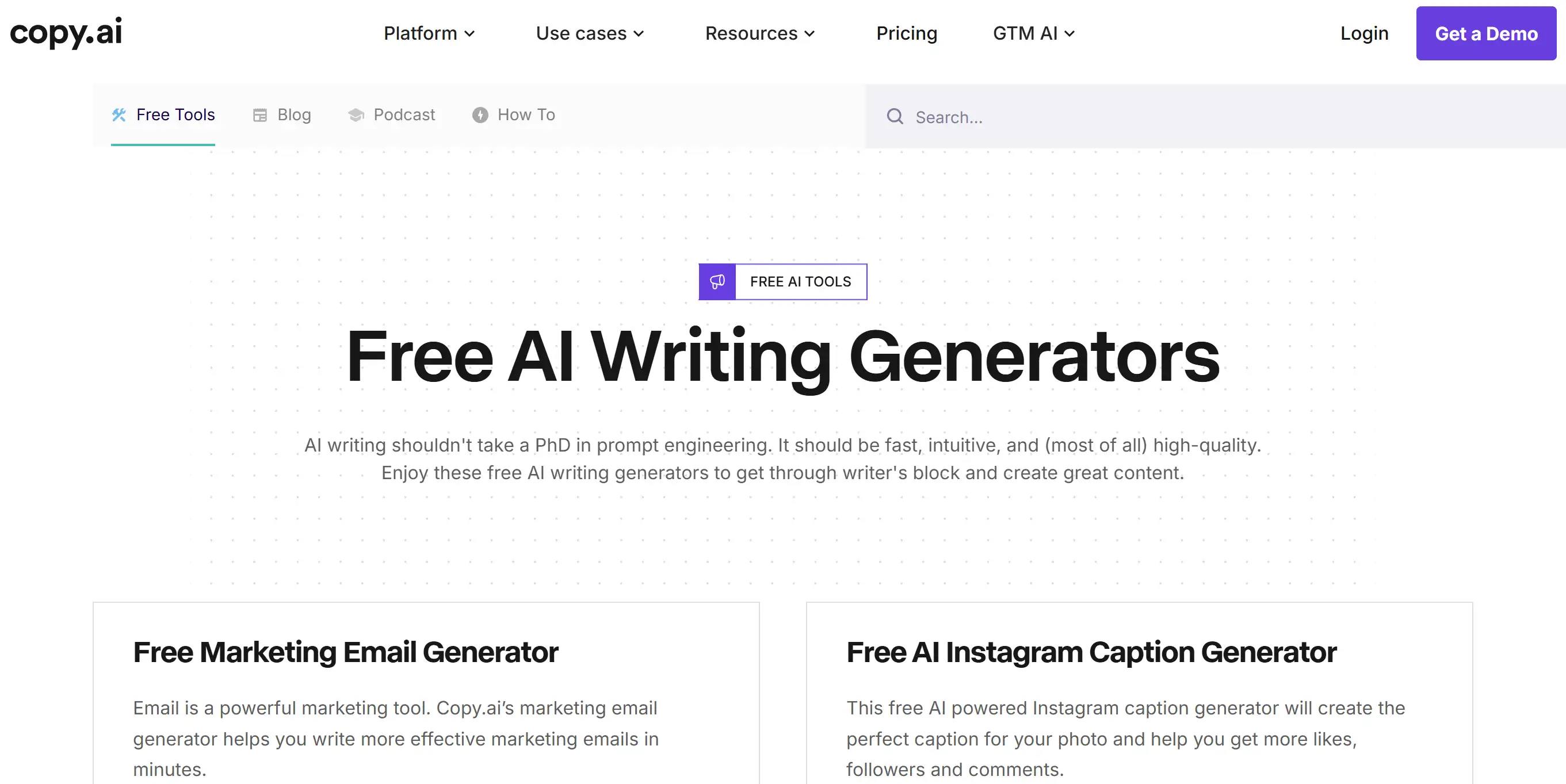 Landing page of Copy AI free AI writing generator