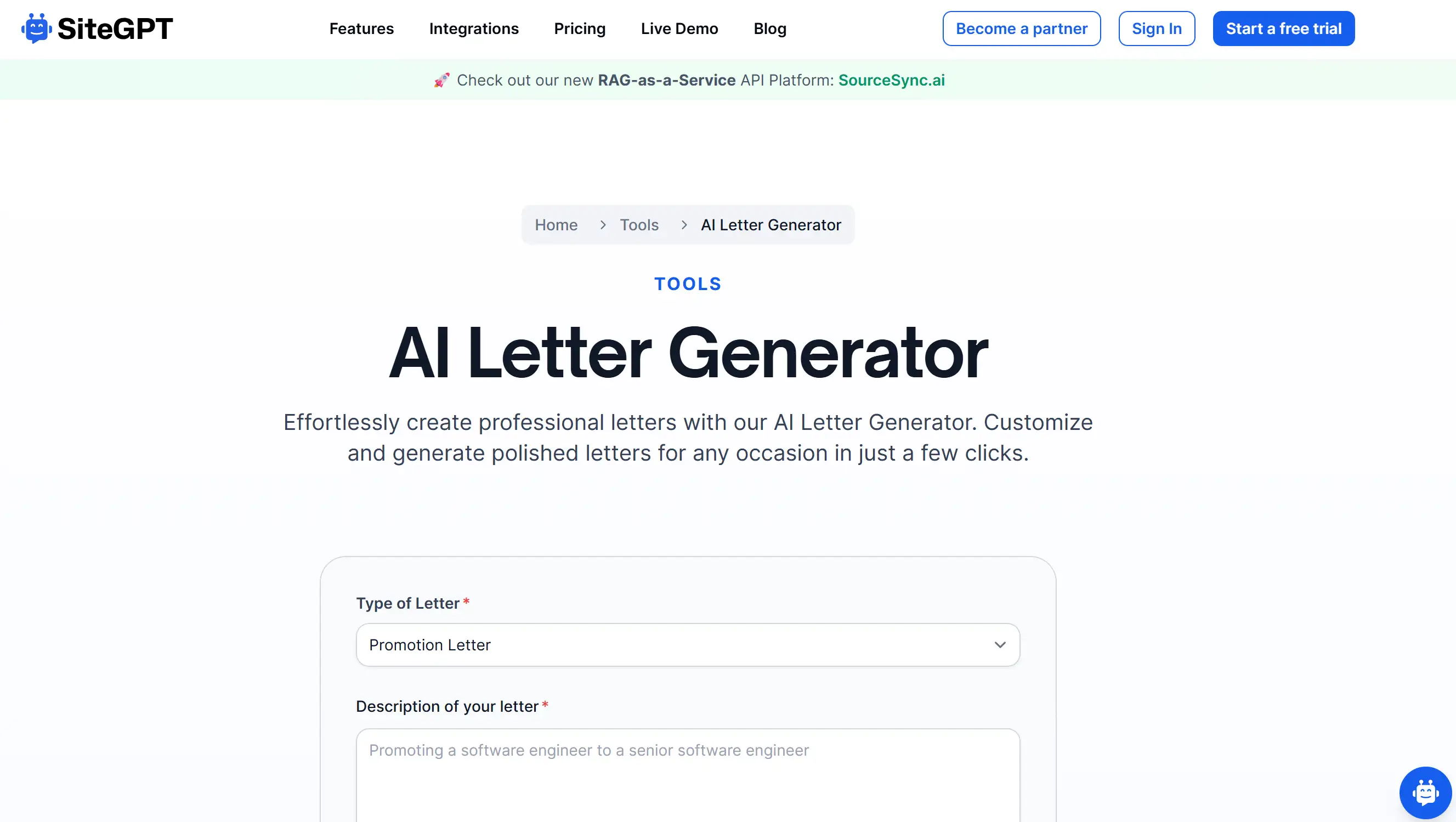 Landing page of Writesonic Letter Generator