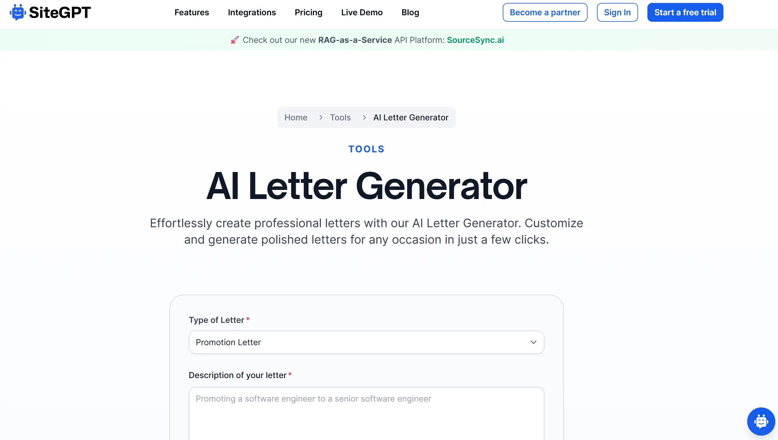 Landing page of SiteGPT AI Letter Generator