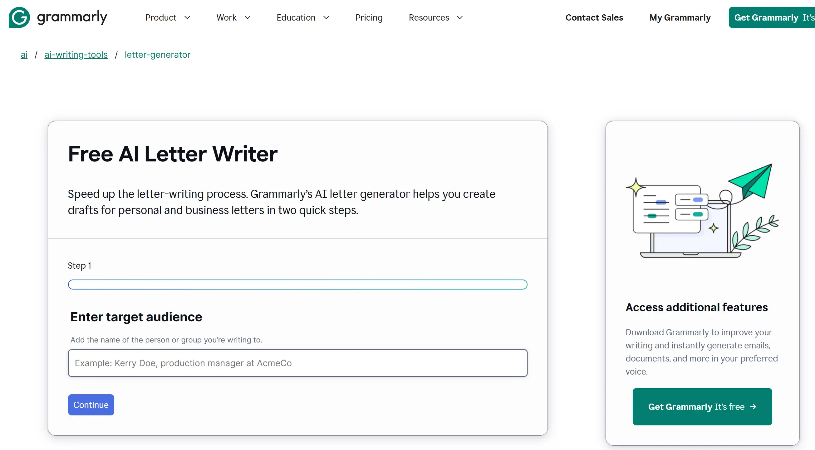 Landing page of Grammarly AI letter writer