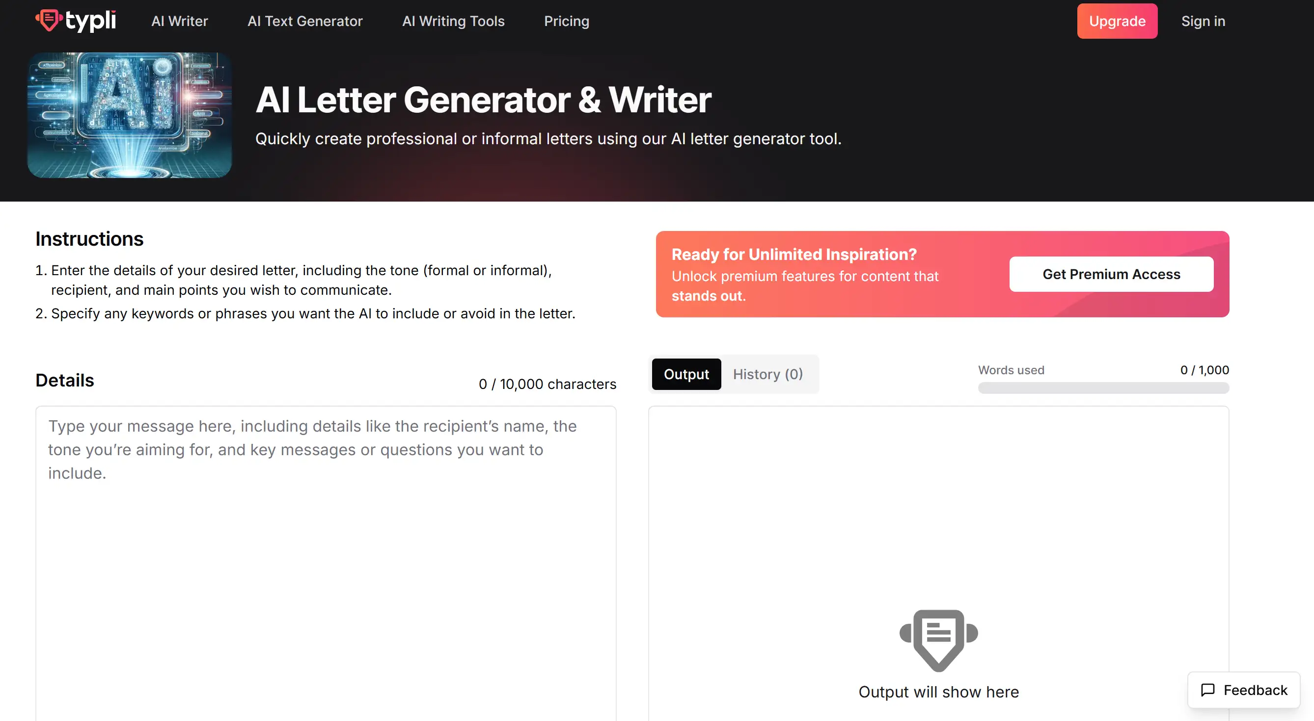 Landing page of Typli AI Letter Generator