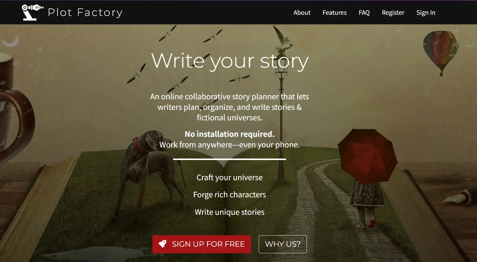 Plot Factory AI Story Generator's homepage
