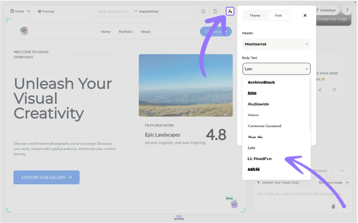 Wegic website editor with font selection menu.
