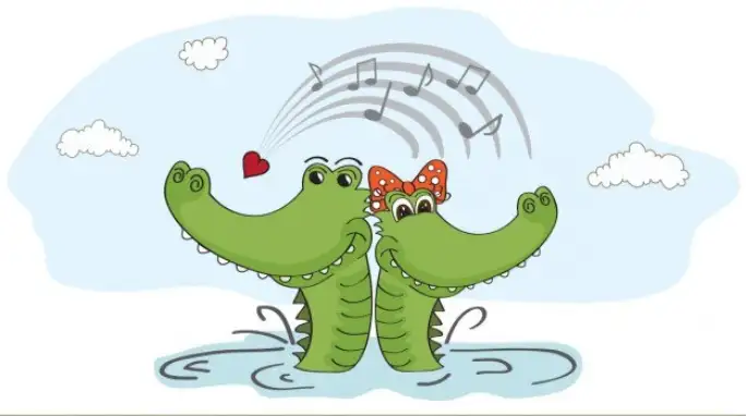 Cartoon of two alligators with music notes and a heart. Cartoon of two alligators with music notes and a heart.
