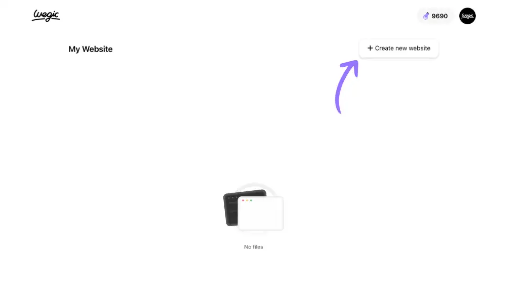 Wegic: "Create new website" button highlighted.