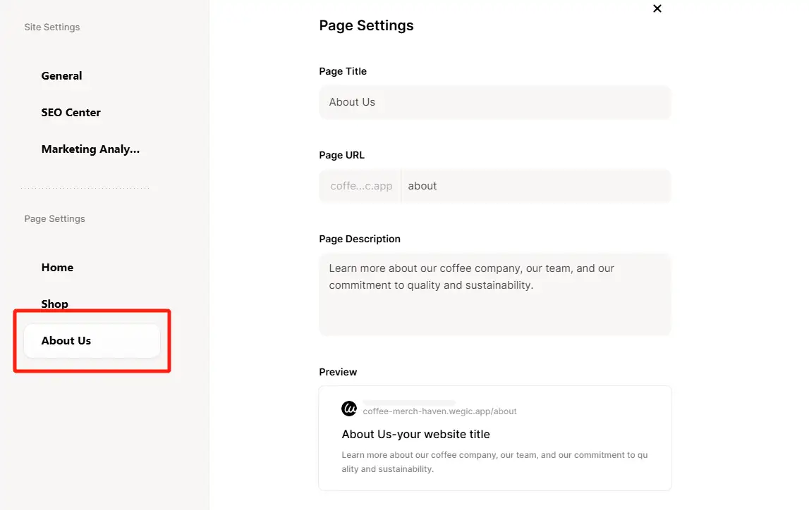 Wegic Page Settings for "About Us". Wegic Page Settings for "About Us".