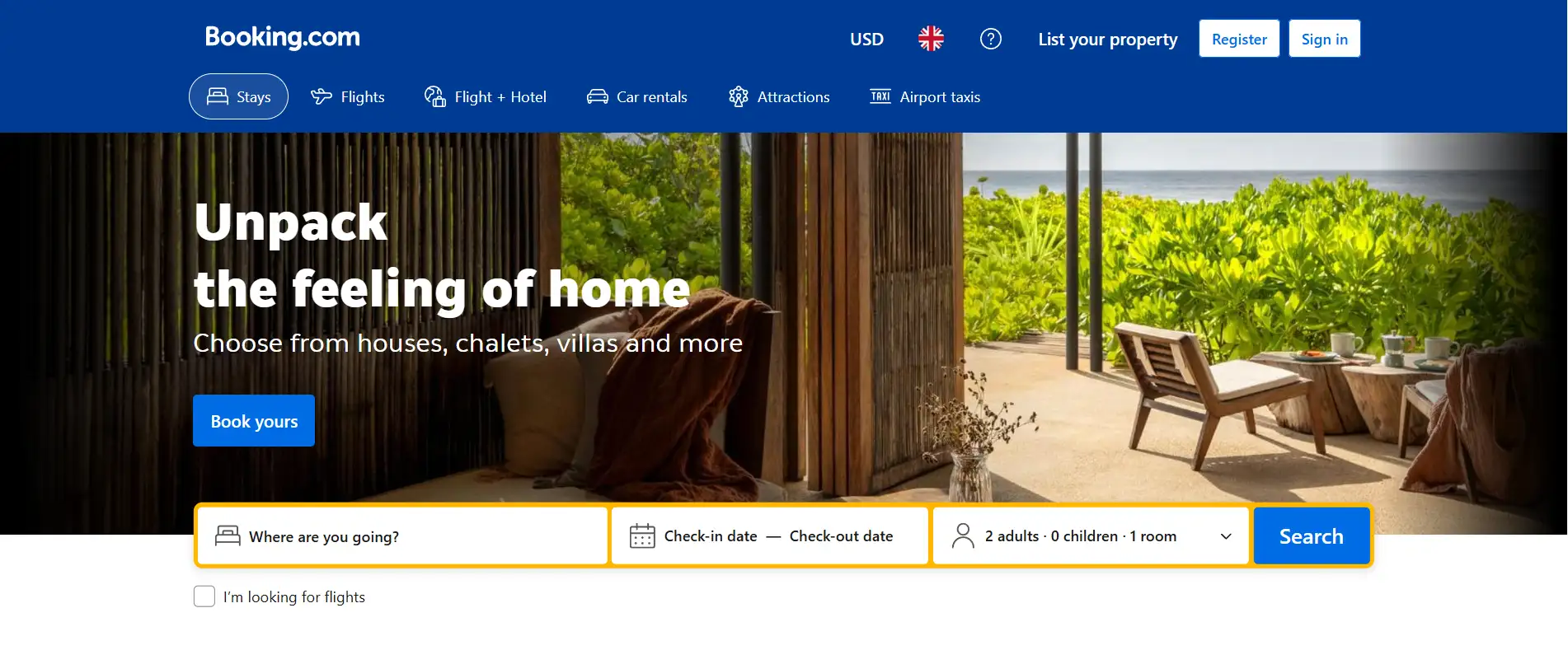 Homepage of Booking.com