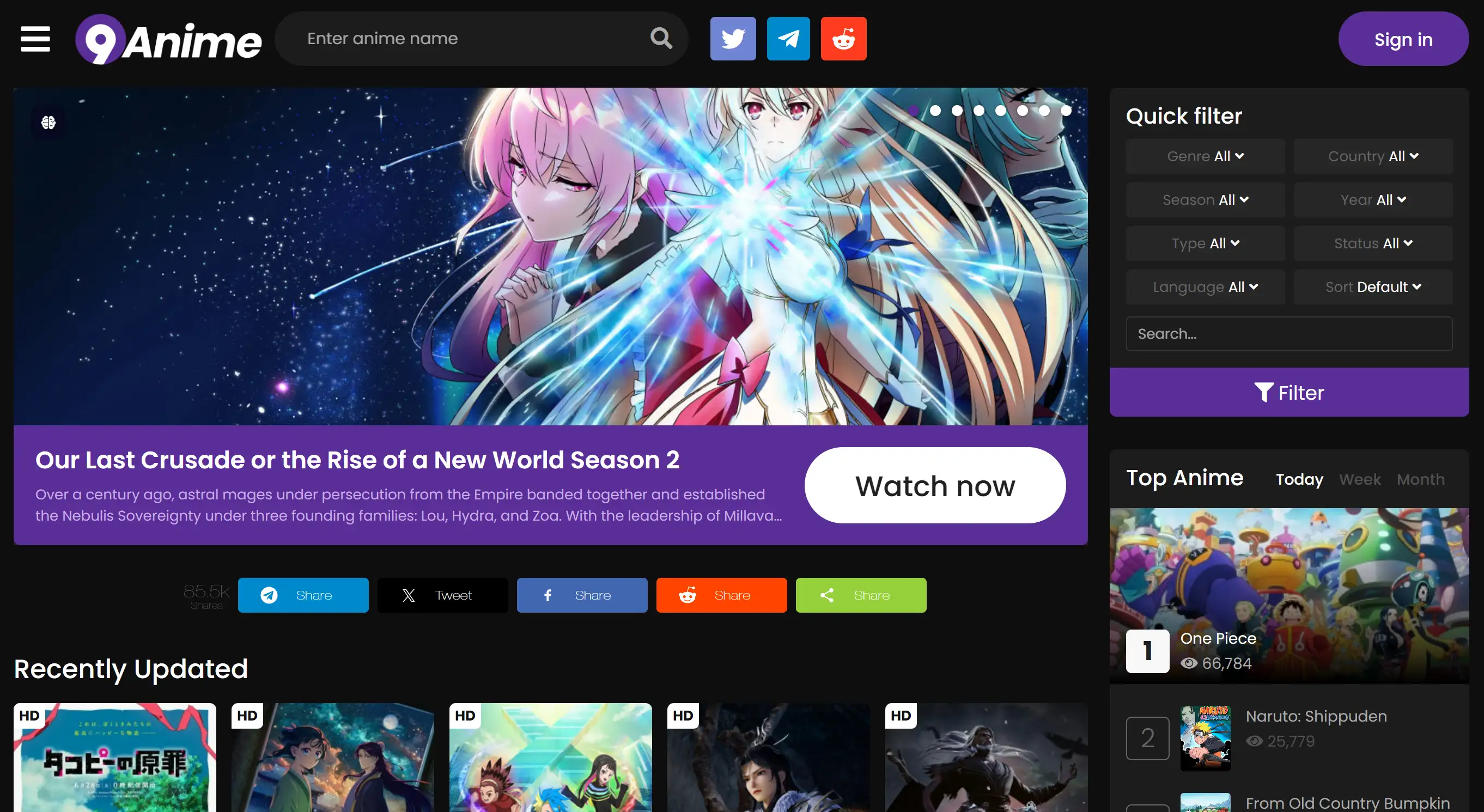 Homepage of 9anime