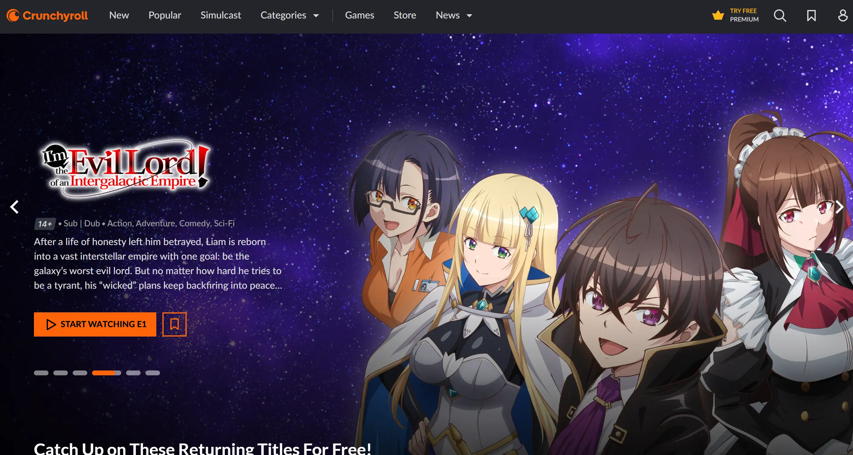 Homepage of Crunchyroll