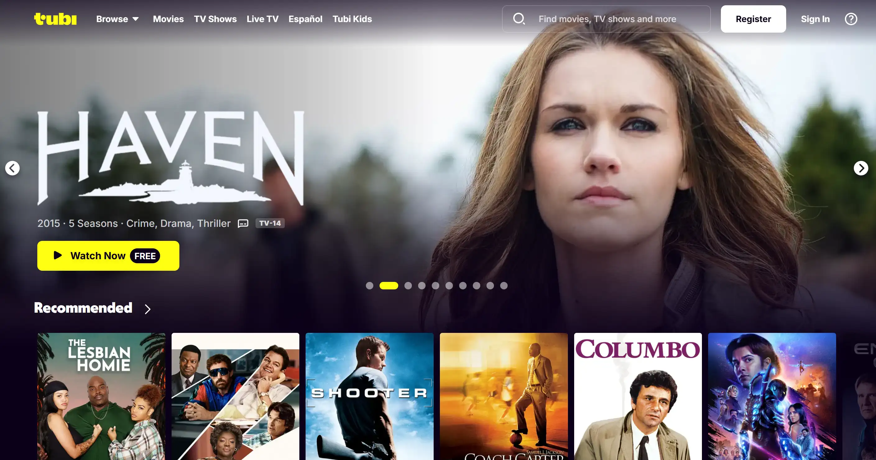 Homepage of Tubi