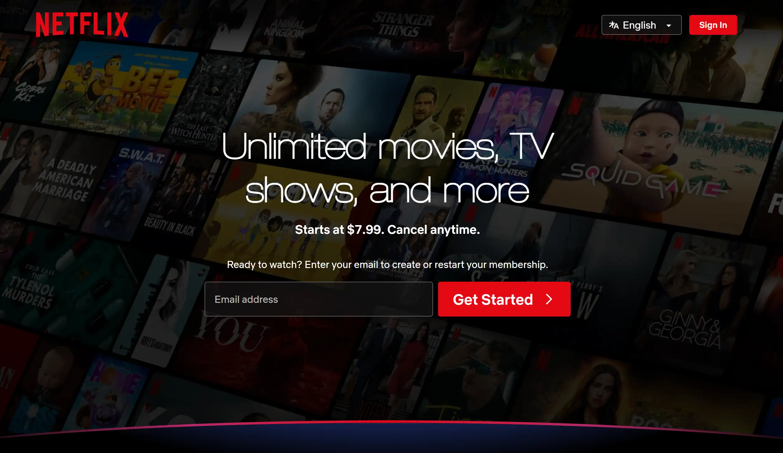 Homepage of Netflix