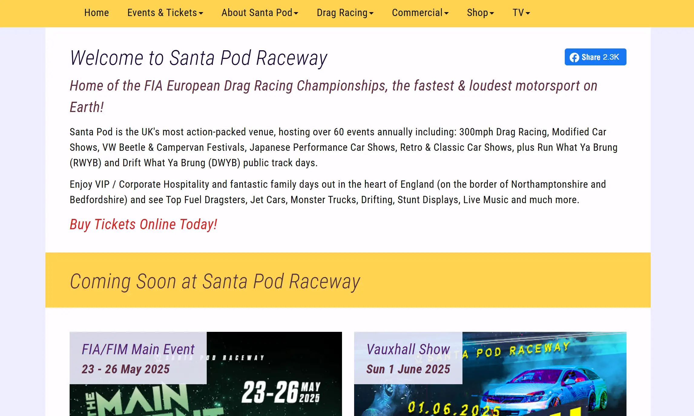 Santa Pod Raceway's homepage