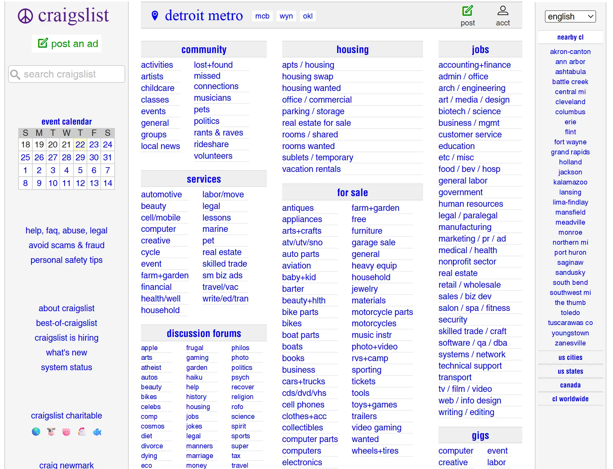 Craigslist's homepage