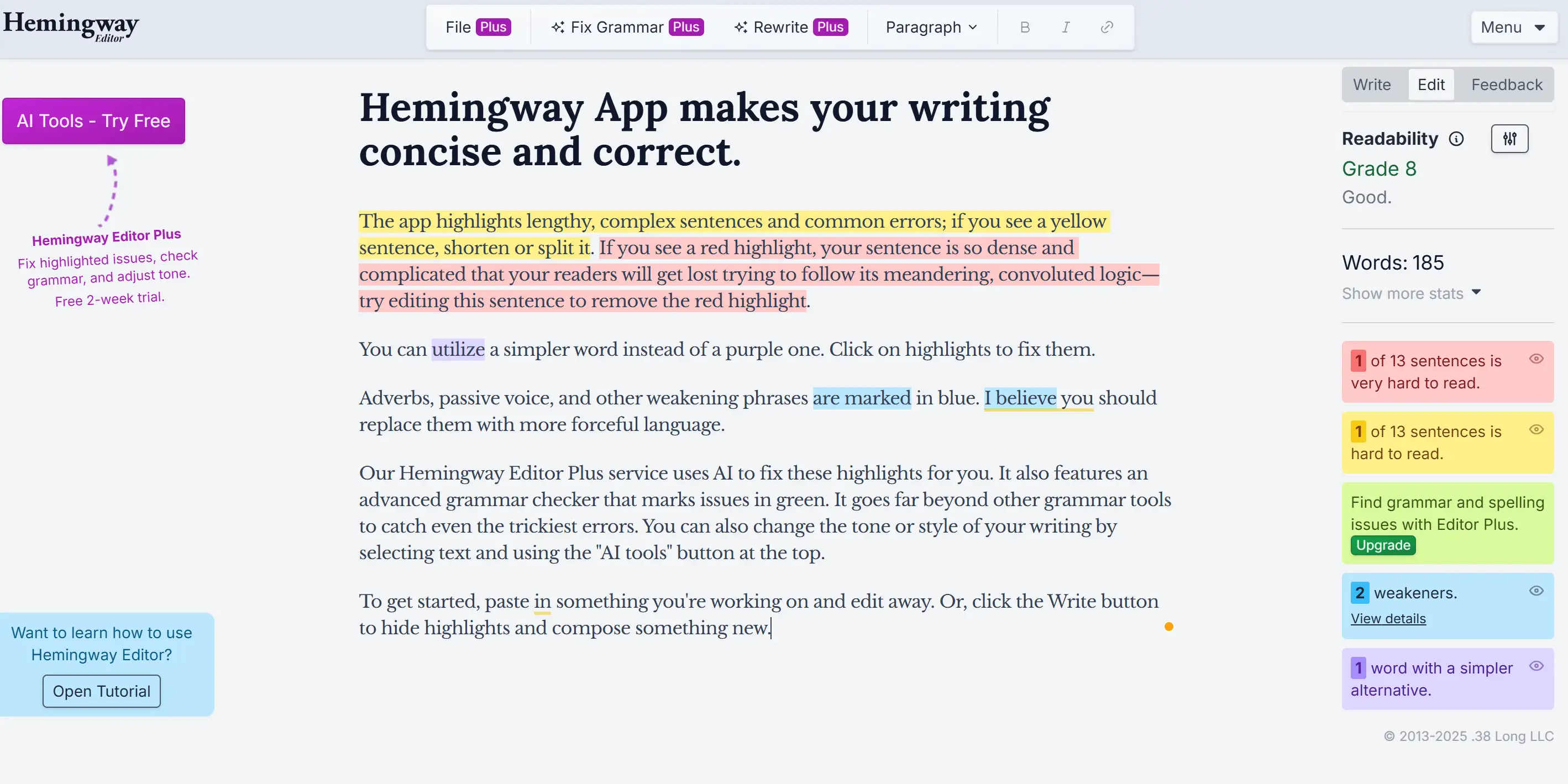 Homepage des Hemingway-Editors