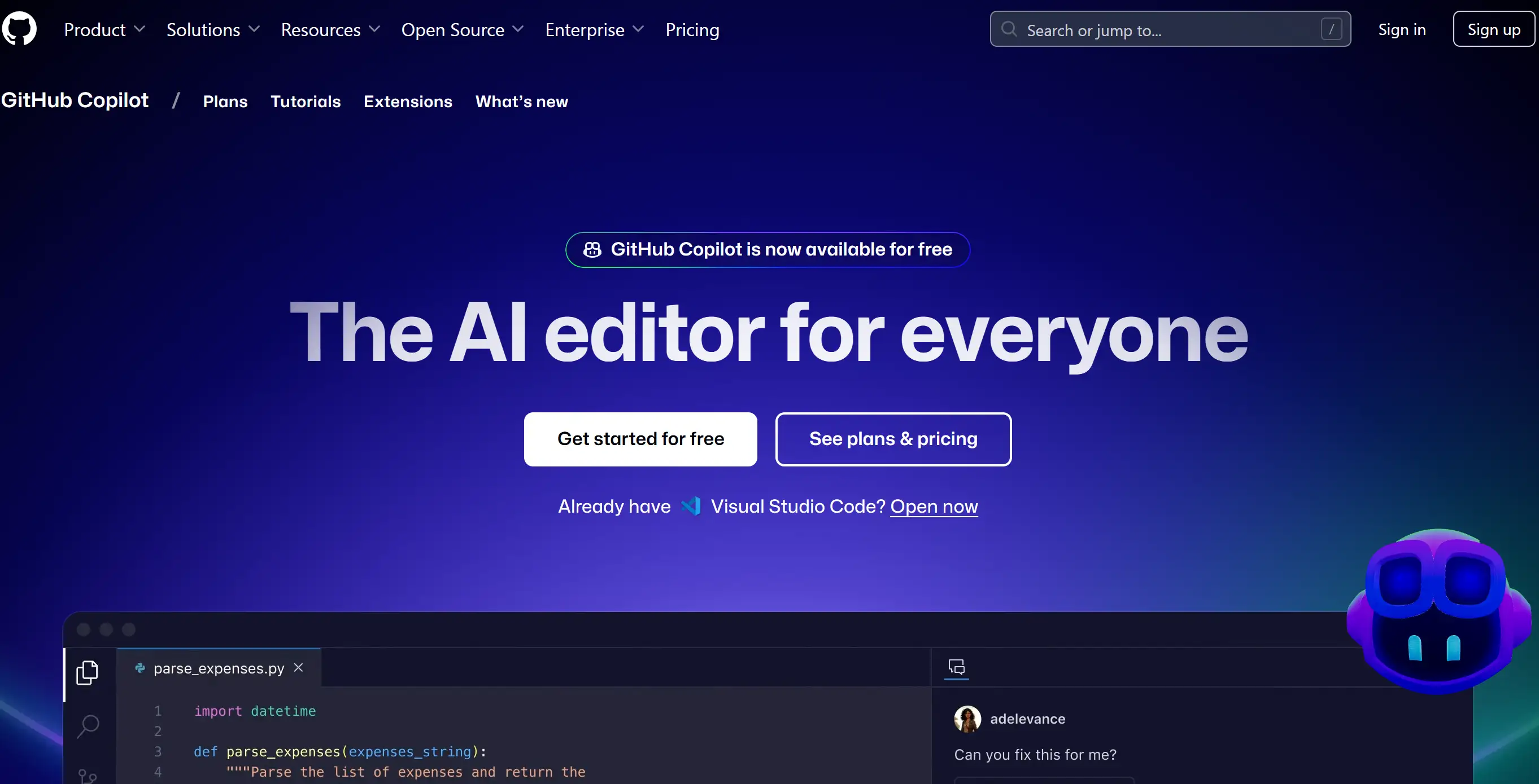 GitHub Copilot's homepage