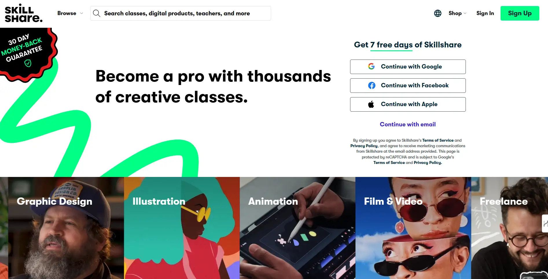 platform organizes its courses through creative categories