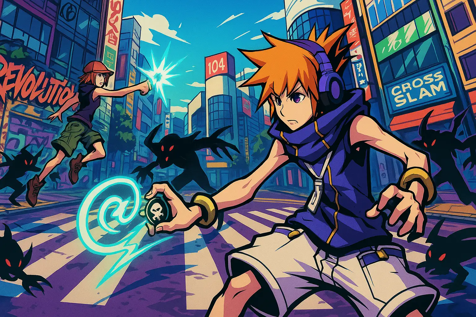 Stylized Shibuya street battle in The World Ends With You on Nintendo DS Stylized Shibuya street battle in The World Ends With You on Nintendo DS