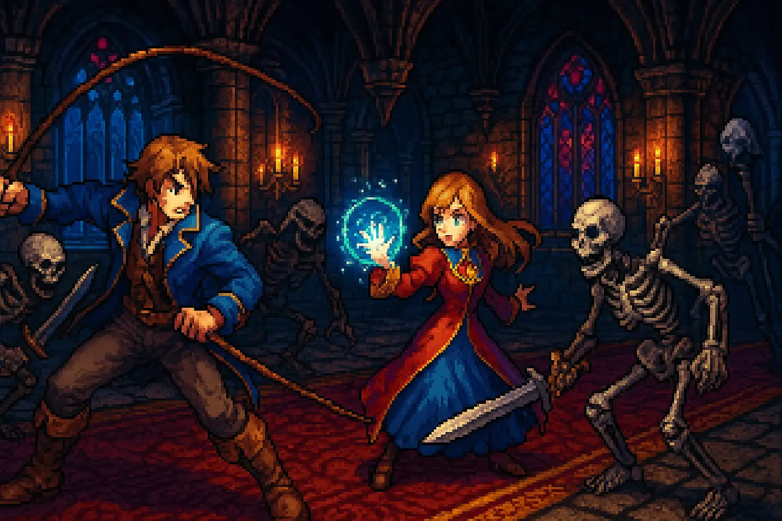 Dual-character gameplay from Castlevania Portrait of Ruin featuring Jonathan and Charlotte in gothic castle Dual-character gameplay from Castlevania Portrait of Ruin featuring Jonathan and Charlotte in gothic castle