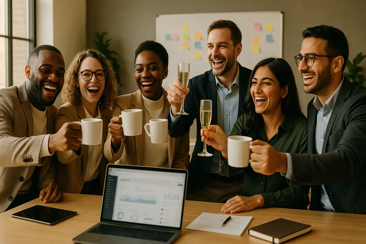 A diverse group of business owners celebrates their successful small business online store launch