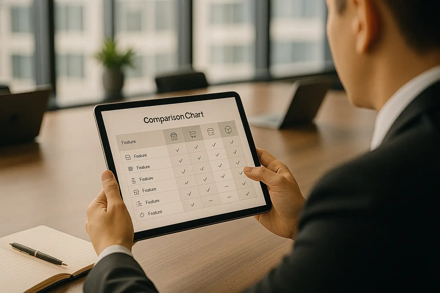 A person's hands navigate a tablet, comparing features of different online store builder platforms