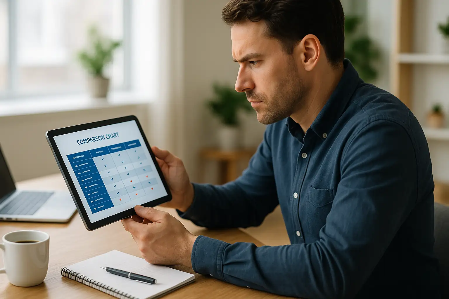 An entrepreneur examines a comparison chart of e-commerce platforms on a tablet, planning their e-commerce solution
