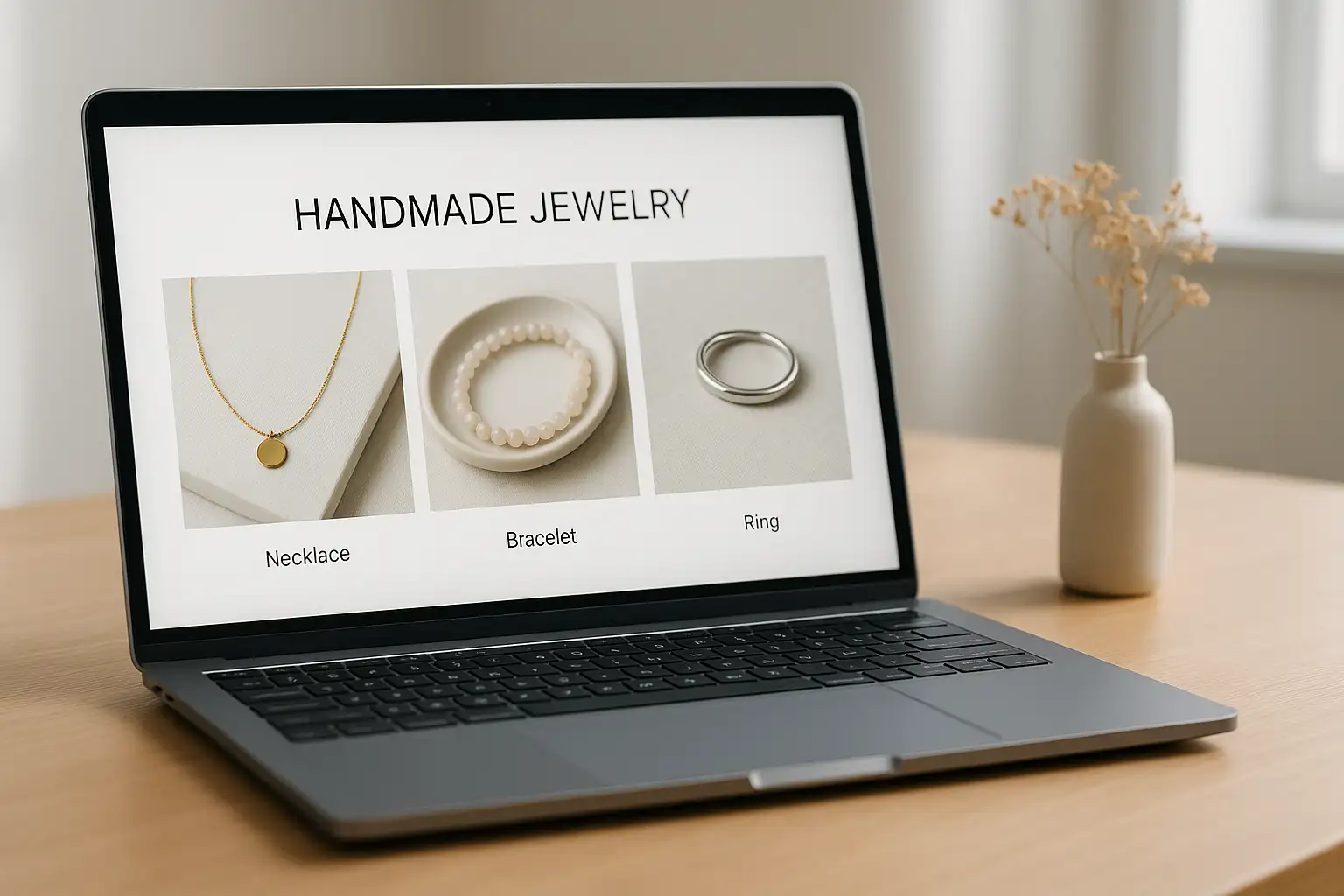 A close-up of handmade jewelry on a website, showcasing the clean, professional design typical of Squarespace for small business