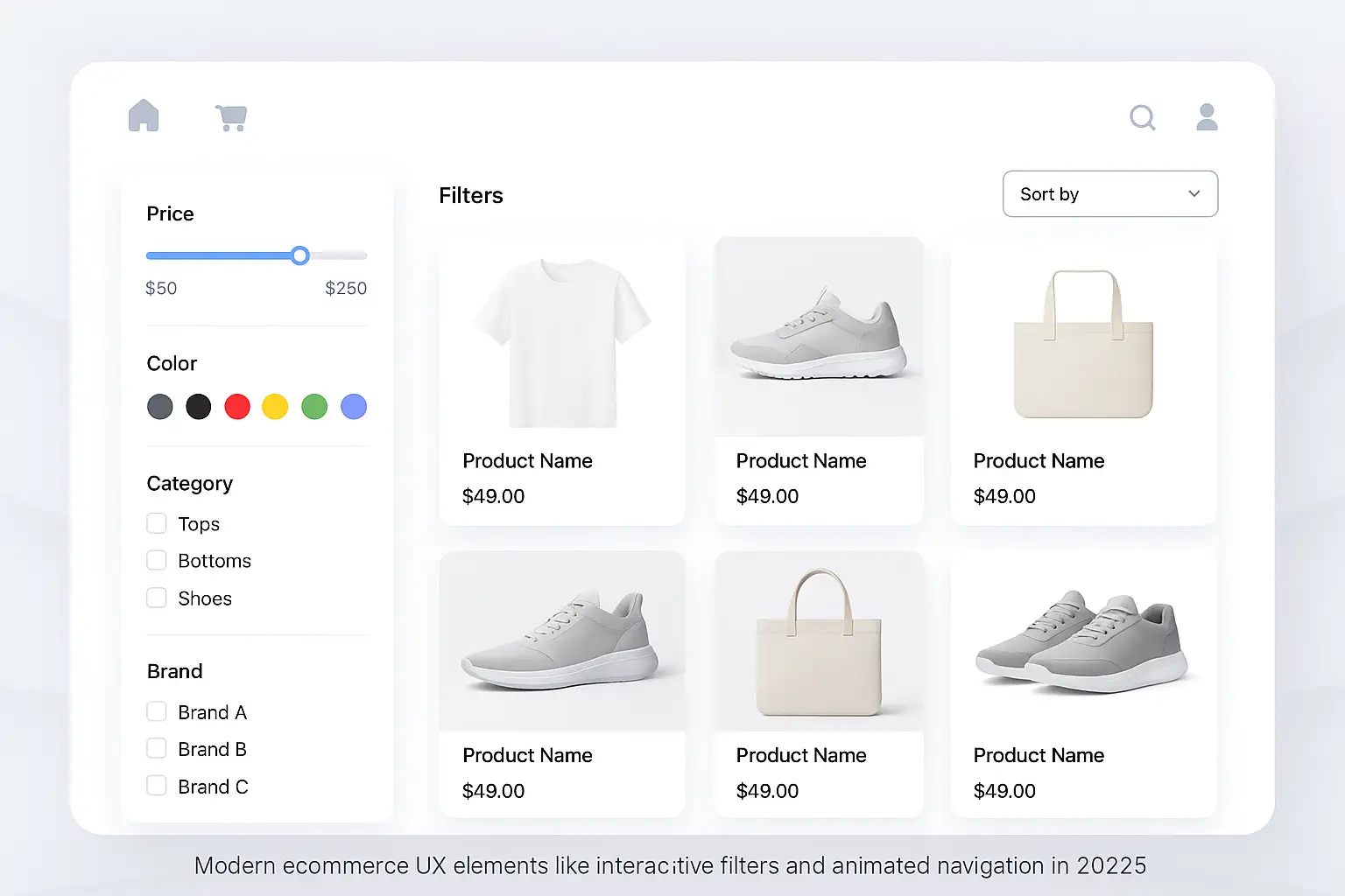 Modern ecommerce UX elements like interactive filters and animated navigation in 2025. Modern ecommerce UX elements like interactive filters and animated navigation in 2025.