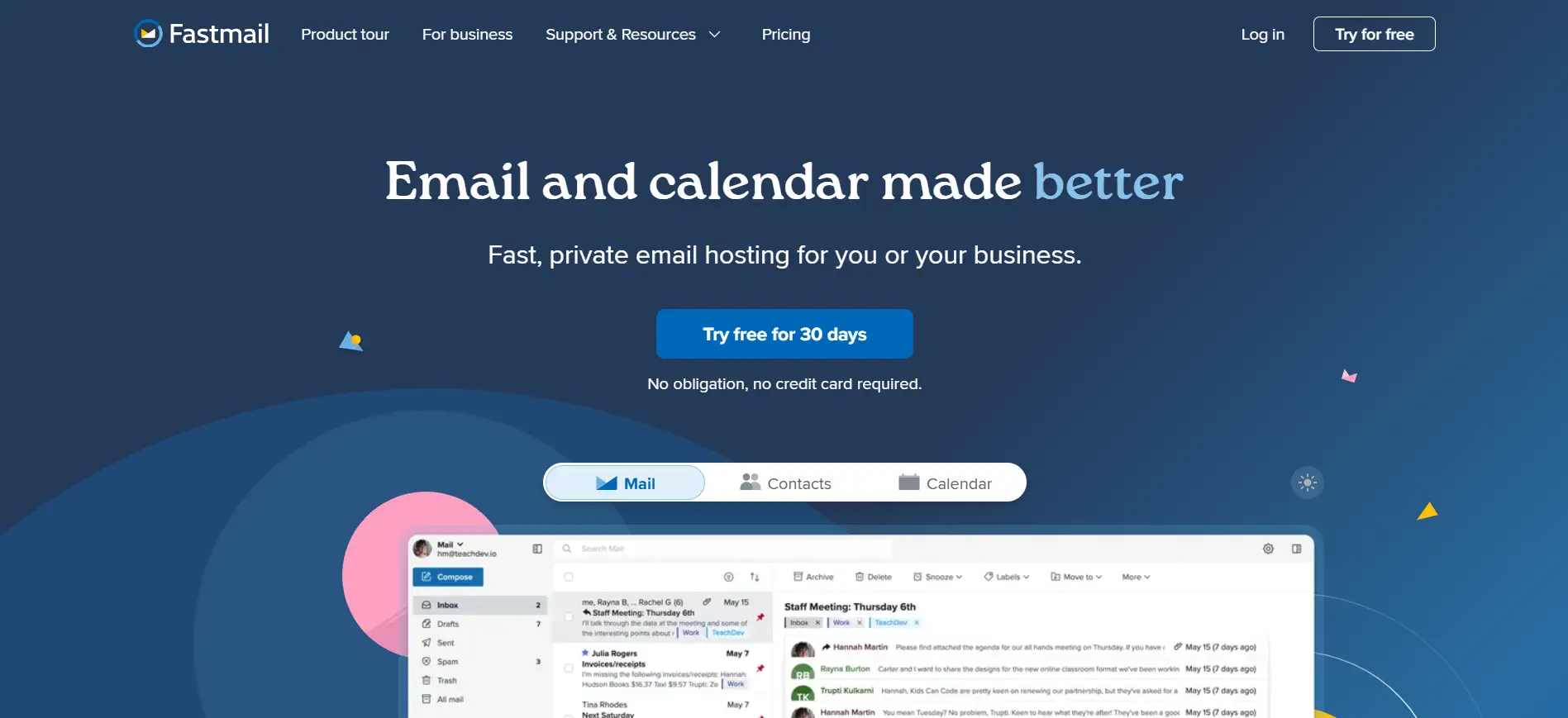 fastmail landing page with a promotional text